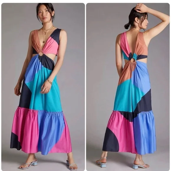 Anthropologie Geisha Design Colorblock Ring-Front Maxi Dress Pink, Blue and Teal - Picture 1 of 5